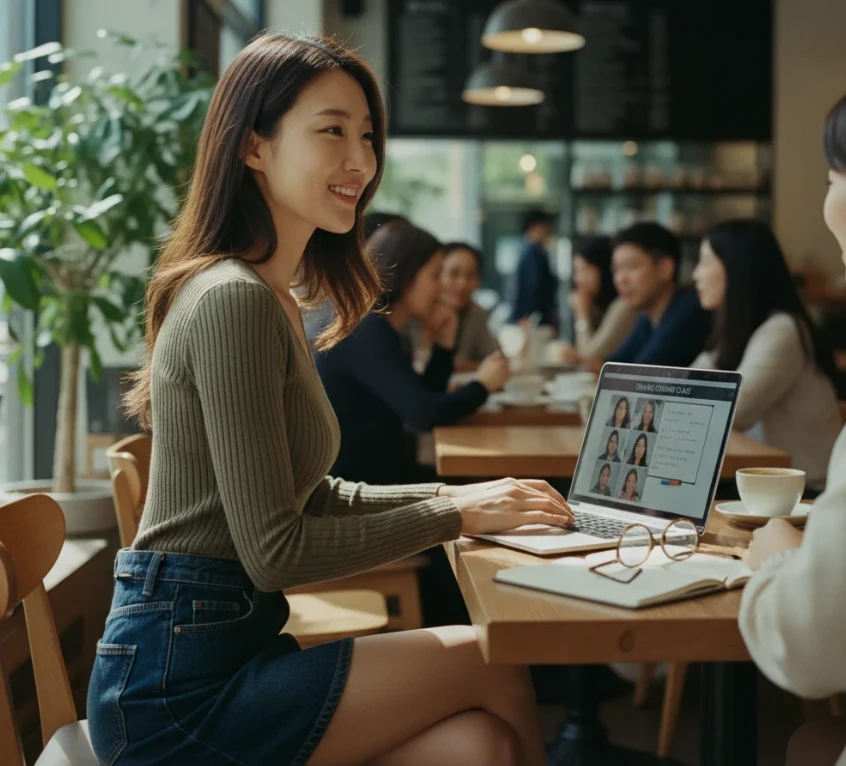 노트북 화면을 보며 옆 사람과 대화하는 한국 여성의 모습.