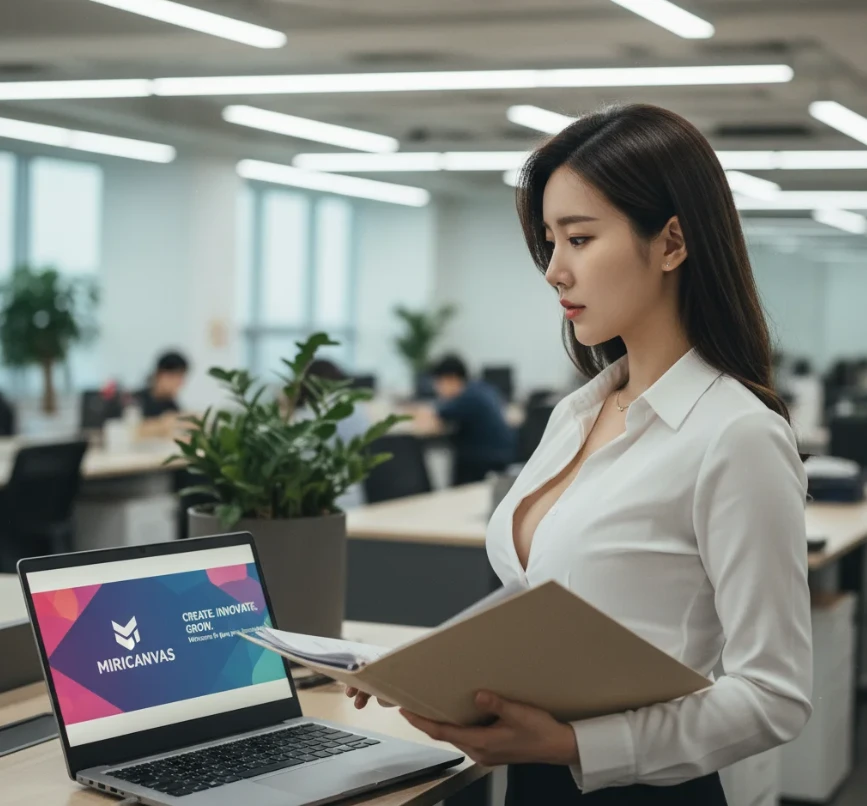 노트북 화면에 회사 로고와 마케팅 배너가 보이고 옆에 서류철이 놓인 이미지.