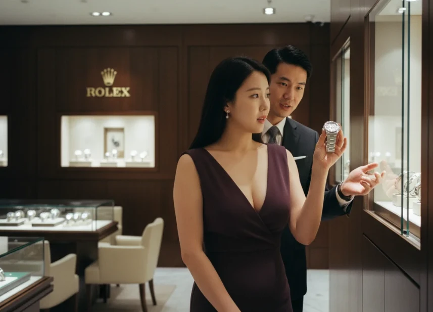 롤렉스 매장에서 직원의 설명을 들으며 입문 모델을 보고 있는 여성