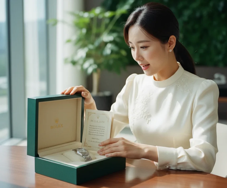 롤렉스 박스를 열며 시계와 브랜드 역사 책자를 보며 감동받는 여성