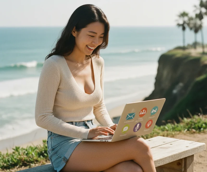 노트북 화면에 뉴스레터, 커뮤니티, 팟캐스트 아이콘을 보며 웃는 여성