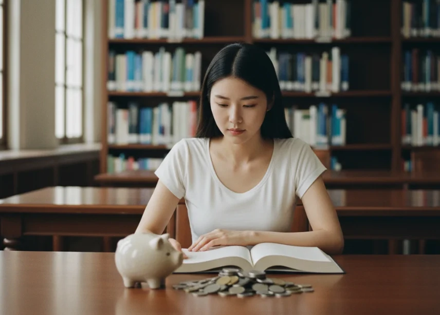 도서관 책상에 앉아있는 한국 여성 옆, 동전이 가득한 작은 저금통. 도서관 책상에 앉아있는 한국 여성 옆, 동전이 가득한 작은 저금통.