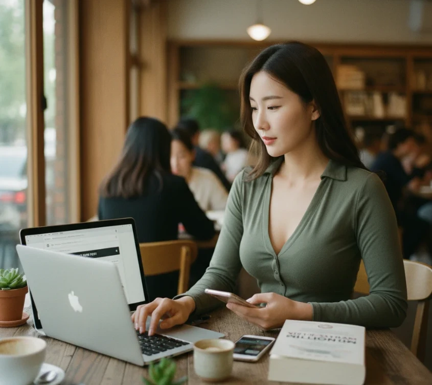 노트북과 스마트폰, 책을 펼쳐놓고 작업 중인 한국 여성의 책상 위 모습. 노트북과 스마트폰, 책을 펼쳐놓고 작업 중인 한국 여성의 책상 위 모습.