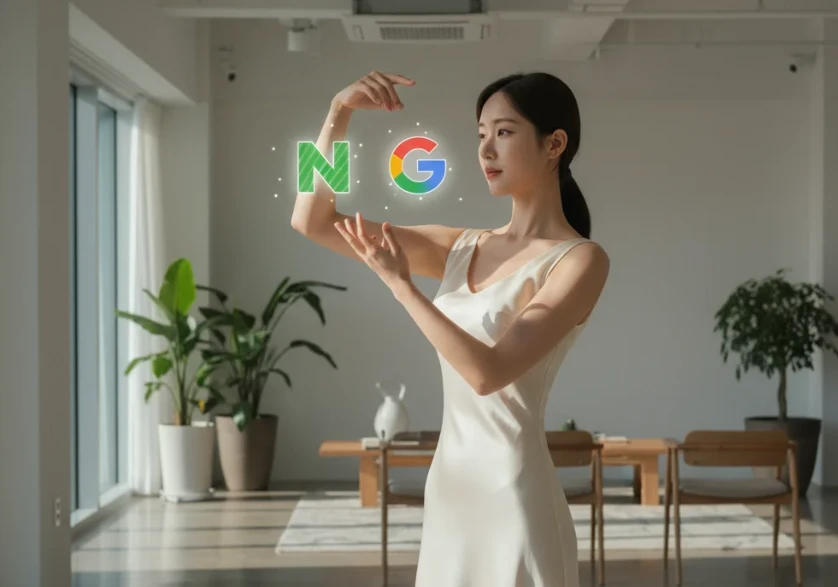 네이버와 구글 아이콘을 연결하는 아름다운 한국인 여성의 손