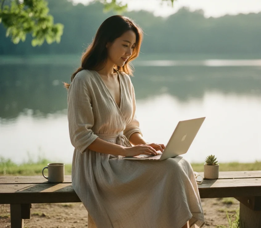 평화로운 공원에서 노트북을 사용하는 젊은 한국 여성