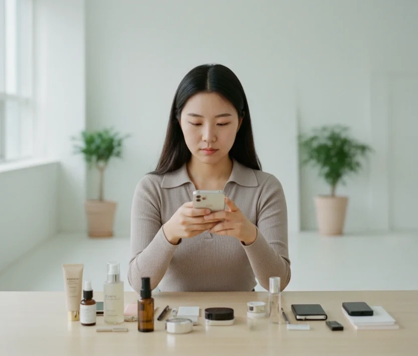 다양한 상품을 스마트폰으로 촬영하는 20대 한국 여성
