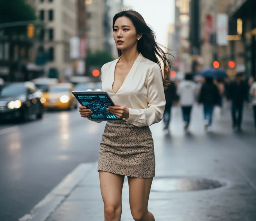 도시 거리에서 태블릿으로 데이터를 분석하며 걷는 젊은 한국 여성