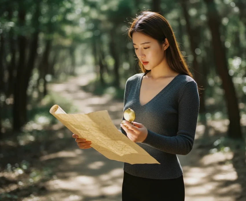 숲속에서 지도를 펼치고 길을 찾는 젊은 한국 여성