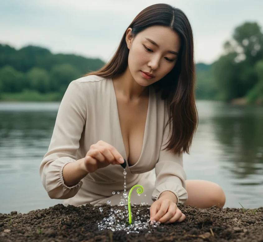 강가에서 씨앗을 심고 오디언스 물방울을 모으는 젊은 한국 여성