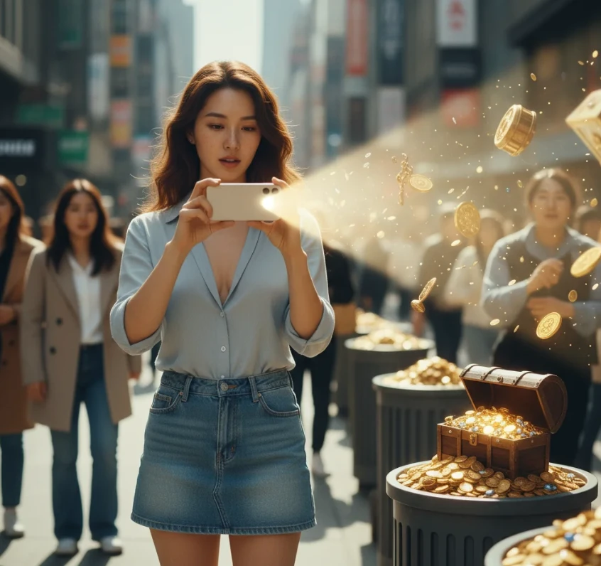 휴대폰 카메라로 평범한 풍경을 보물로 바꾸는 젊은 한국 여성