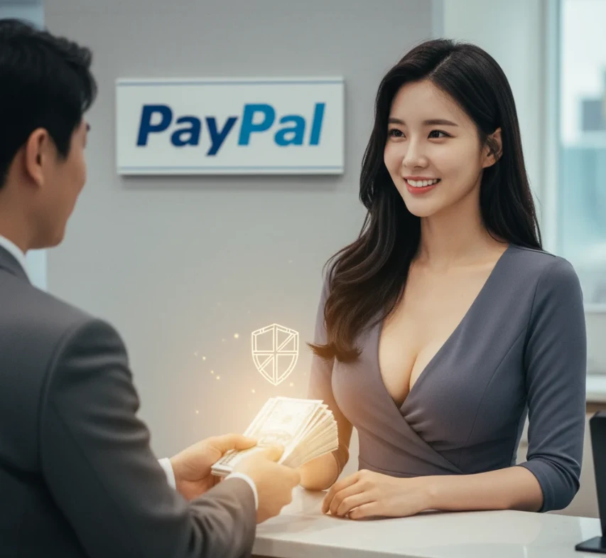 페이팔 은행 창구에서 수익금을 받는 젊은 한국 여성