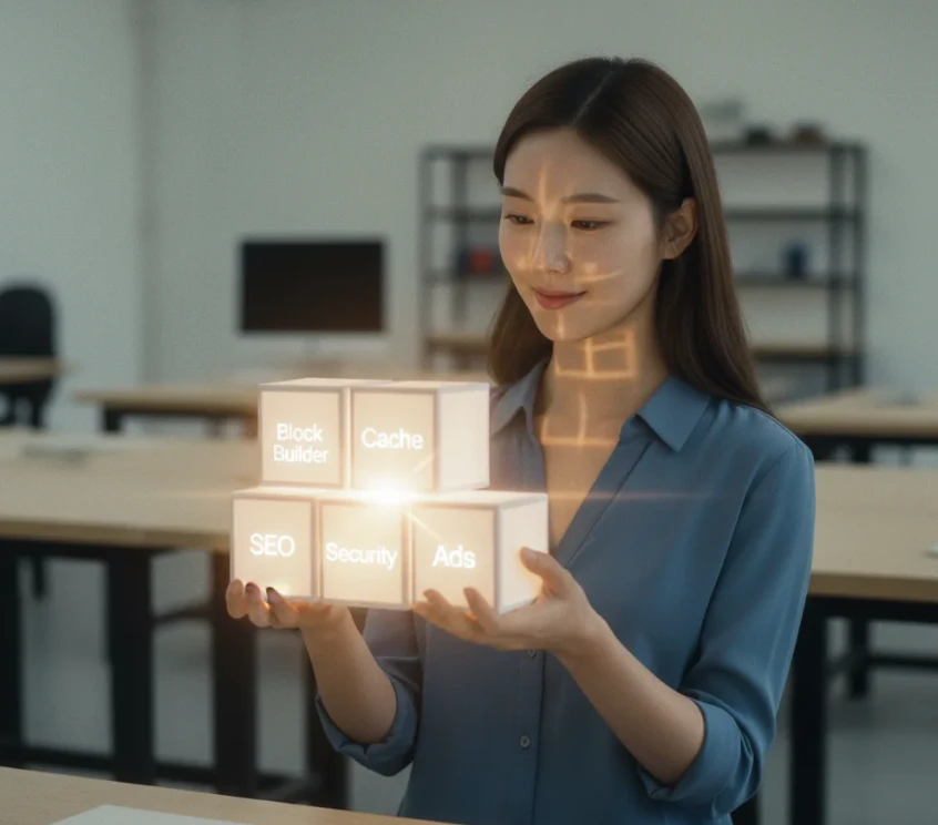핵심 기능이 담긴 필수 플러그인 상자를 들고 있는 젊은 한국 여성