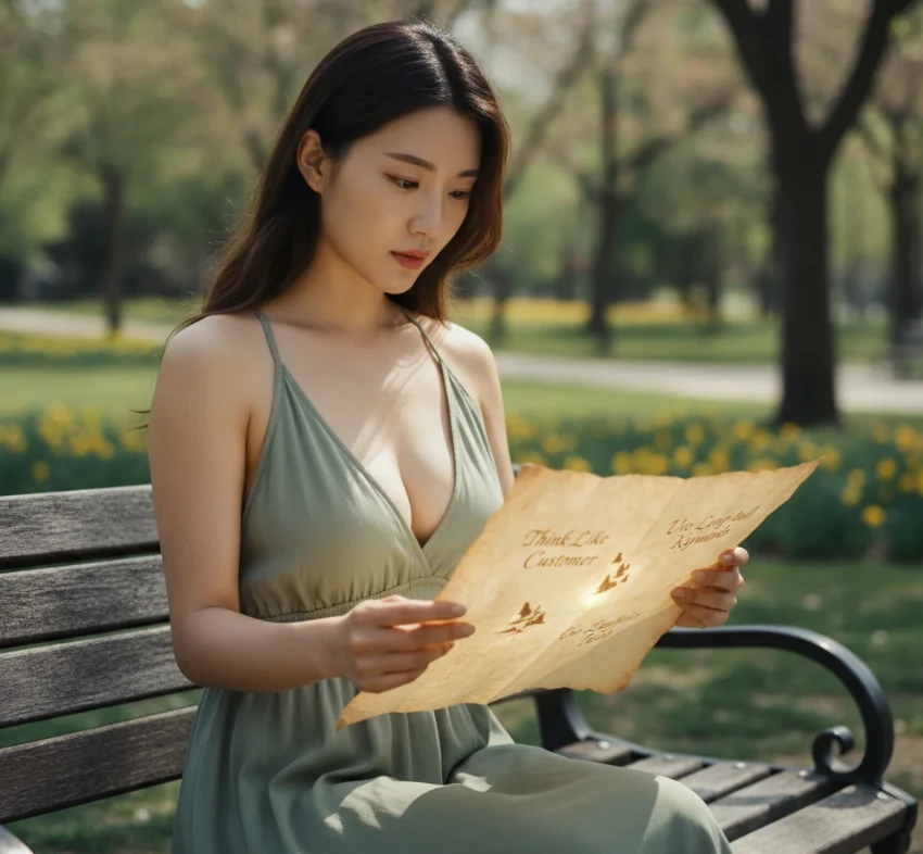 세 가지 핵심 원리 랜드마크가 그려진 보물지도를 보는 젊은 한국 여성