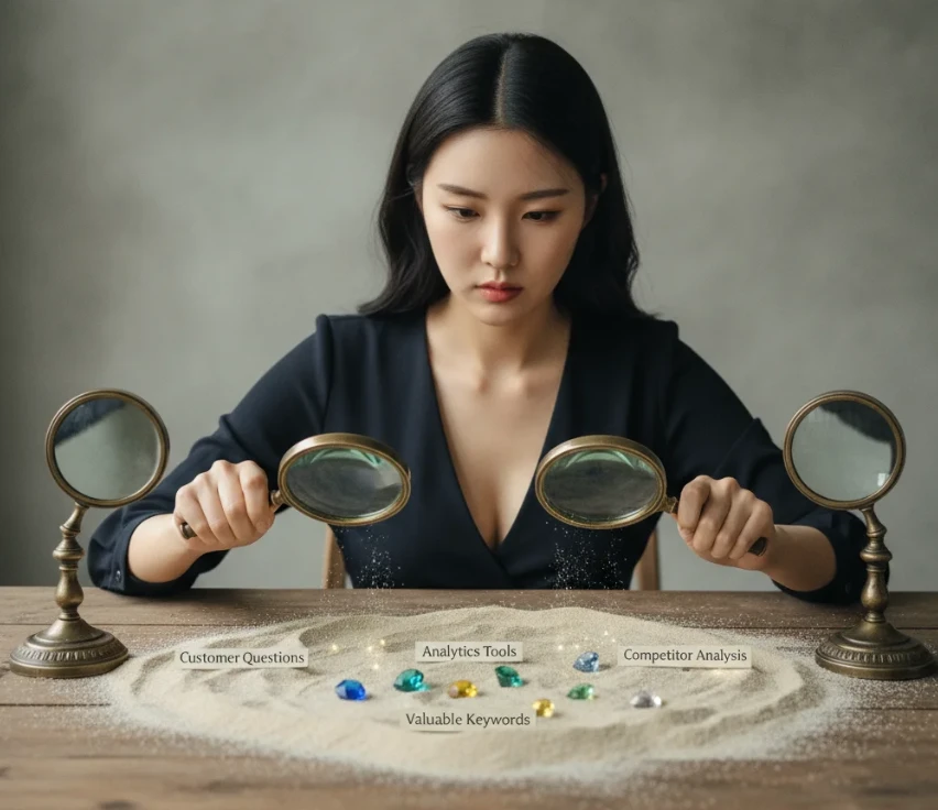 세 가지 돋보기로 모래 속에서 키워드 보석을 찾는 젊은 한국 여성