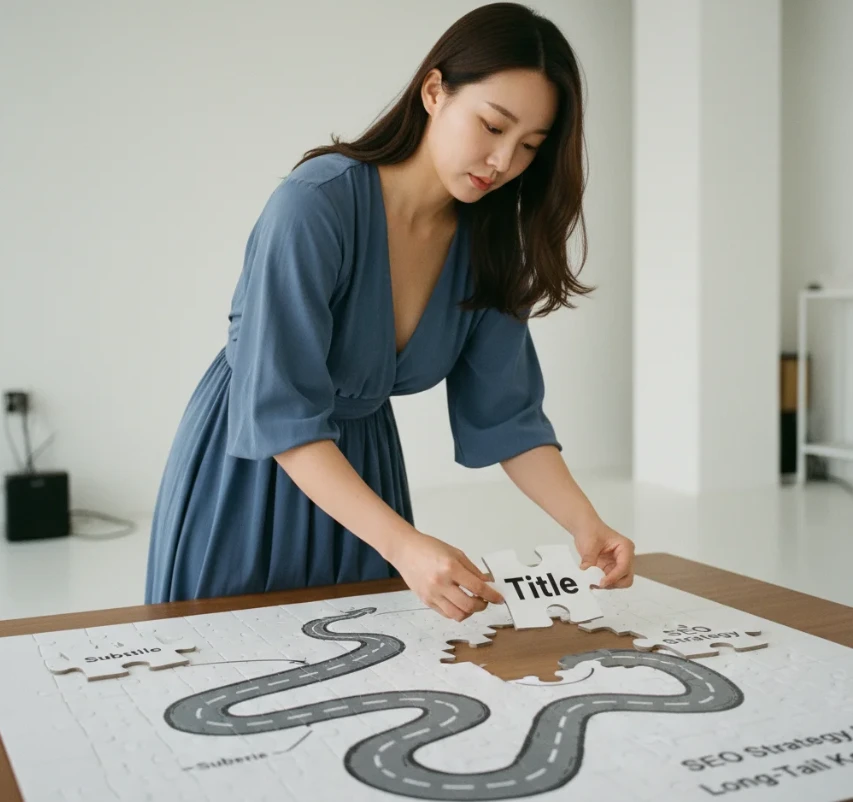 롱테일 키워드 그림에 맞춰 콘텐츠 퍼즐을 완성하는 젊은 한국 여성