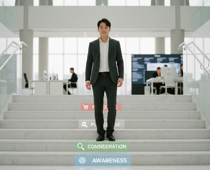 구매 여정 3단계(인지, 탐색, 구매)를 상징하는 계단을 올라가는 20대 한국 남성