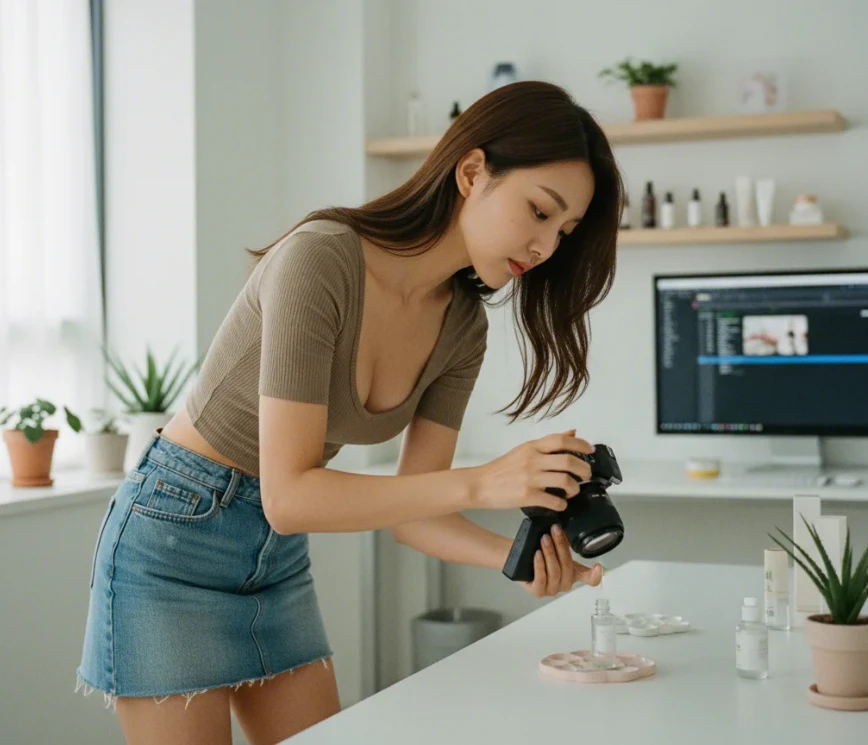 카메라로 제품 사용 동영상 리뷰 촬영하는 슬림한 한국 여성