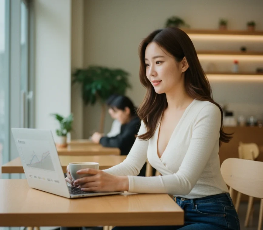 한국 여성이 카페에서 네이버 키워드 도구를 활용하여 검색 의도 분석
