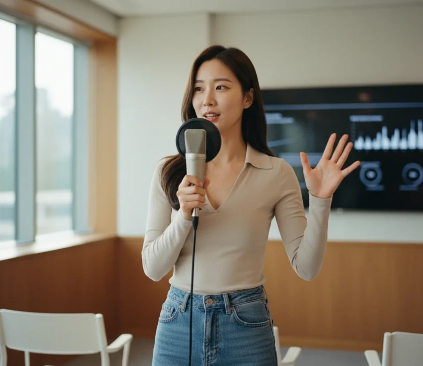 한국 여성이 마이크 앞에서 클릭 유도형 문구로 고객에게 설득력 있게 이야기하는 모습 한국 여성이 마이크 앞에서 클릭 유도형 문구로 고객에게 설득력 있게 이야기하는 모습
