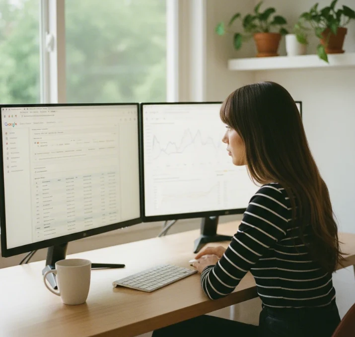 두 모니터에 구글 서치 콘솔과 전문 SEO 트래커 그래프가 뜬 모습