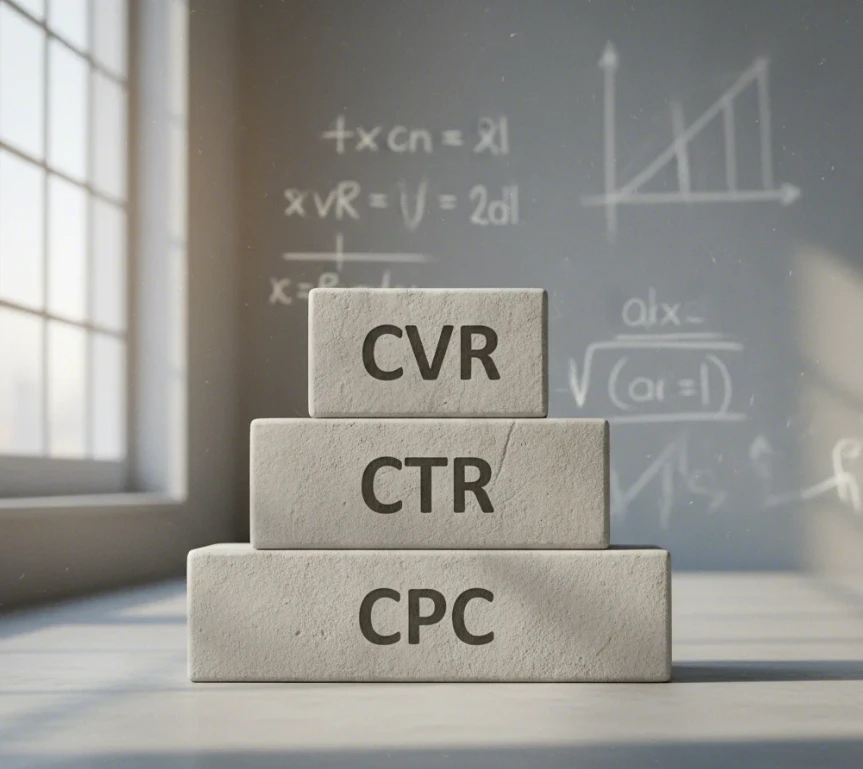 CVR, CPC, CTR 세 가지 지표의 계층적 중요성을 나타내는 피라미드 구조 CVR, CPC, CTR 세 가지 지표의 계층적 중요성을 나타내는 피라미드 구조