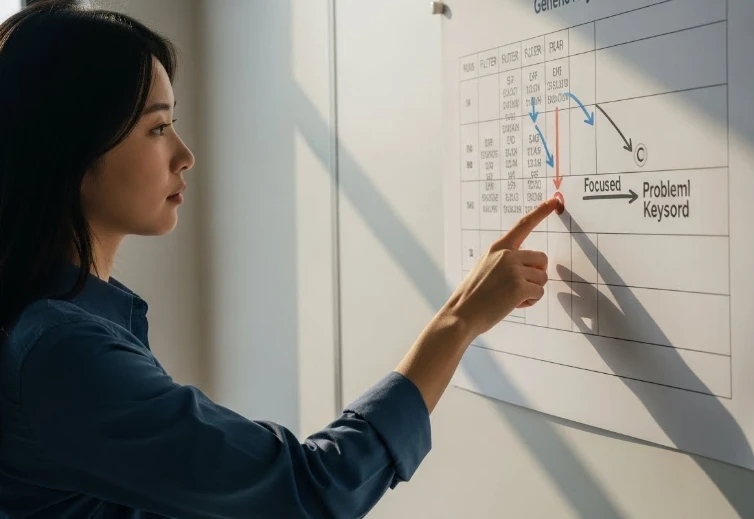 여러 개의 다양한 검색 결과와 키워드가 펼쳐진 화면을 응시하는 한국 여성의 클로즈업