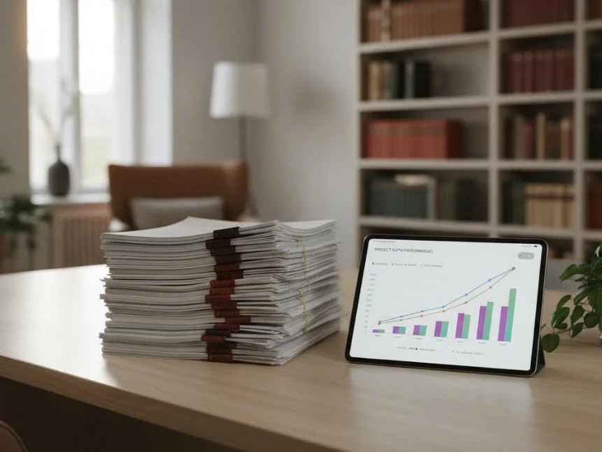 공식 보고서와 개인의 분석 자료가 놓인 책상에서 연구하는 모습