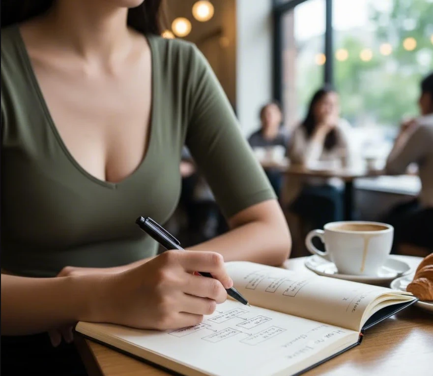 단계별 실행 계획을 종이에 적고 있는 한국 여성의 손